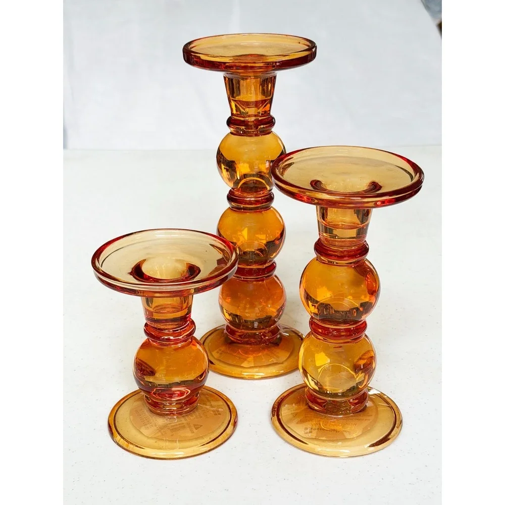 Vintage Amber Glass Pillar Pedestal Candle Holders Set of 3